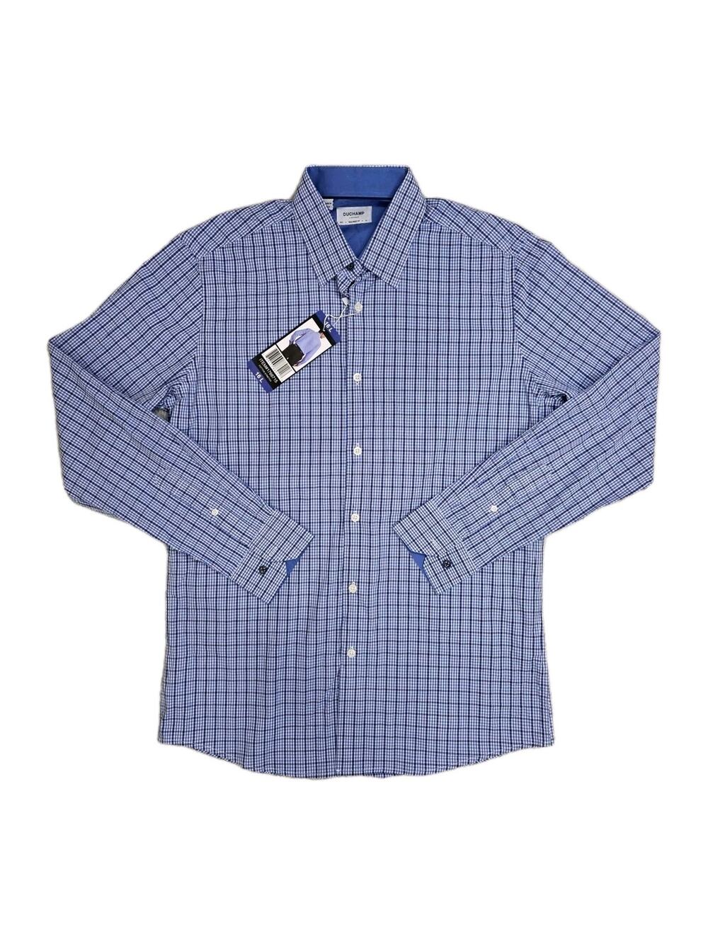 Duchamp Mens Slim Fit London Cotton Stretch Dress Shirt, Blue Plaid, 16 Large